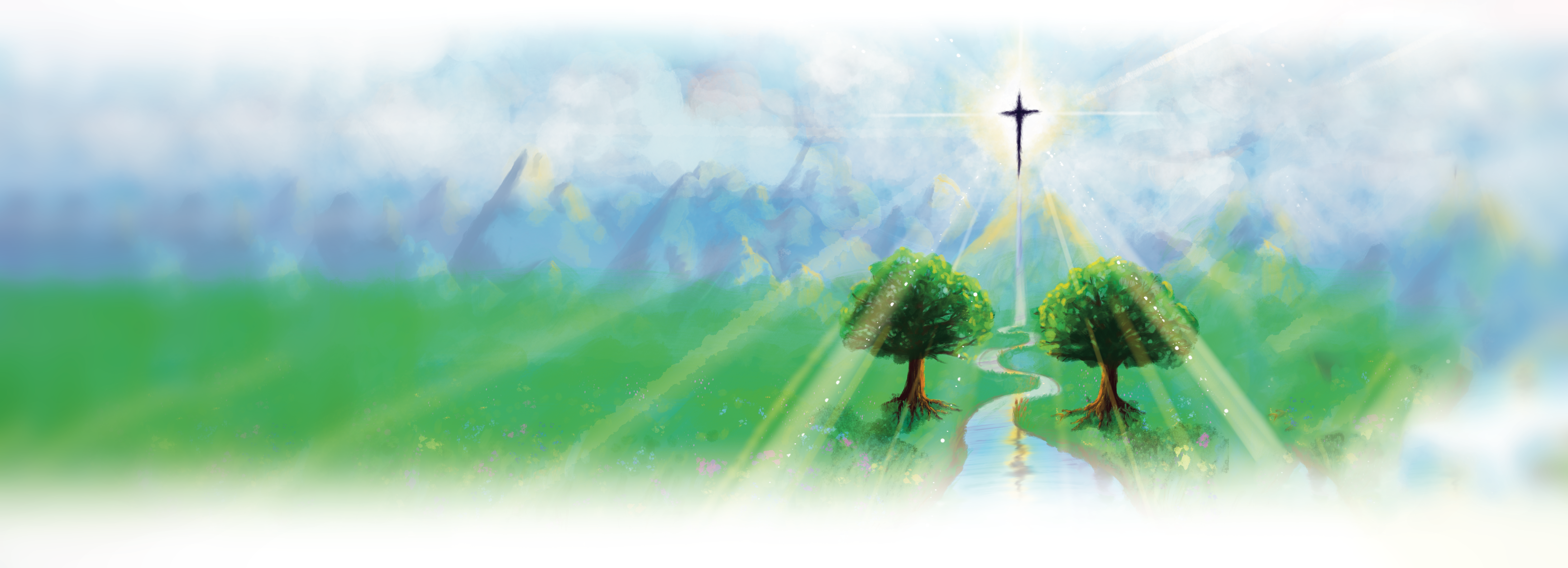 Mountain lanscape with the River of Life flowing from a cross in the sky and two trees on either side.